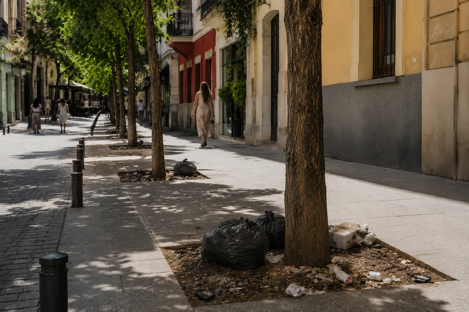 Antes: calle entera de Lavapiés con alcorques vacíos llenos de bolsas de basura